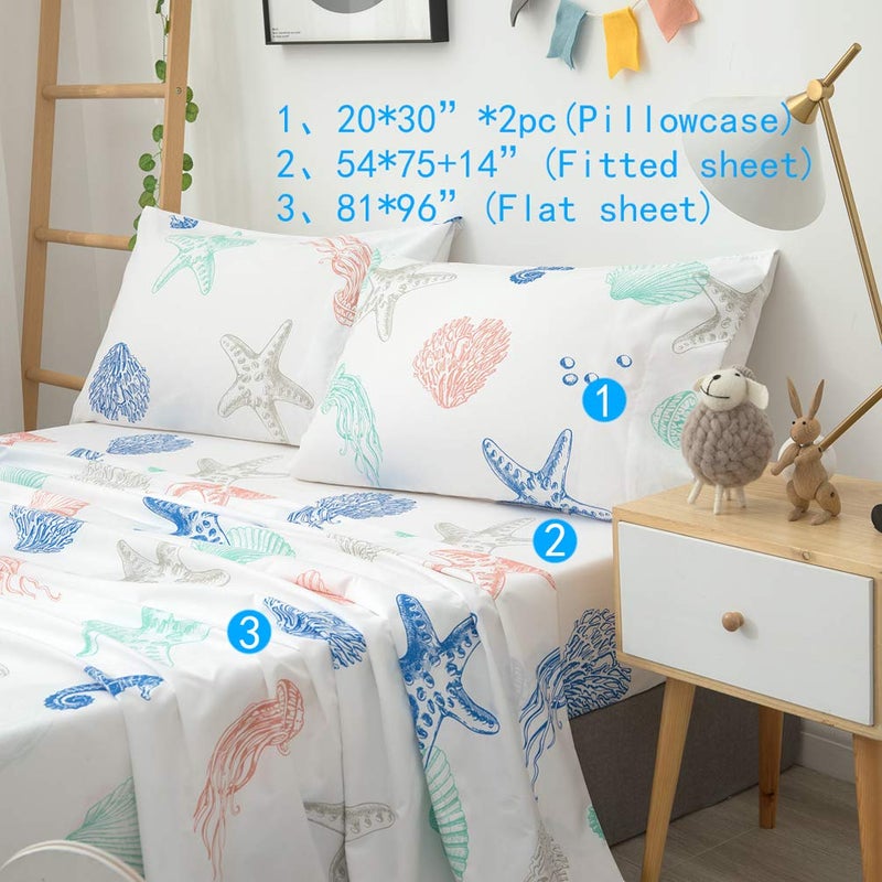 JSD Beach Theme Kids Printed Sheet Set Full, 4 Piece Starfish Jellyfish Coastal Summer Microfiber Bed Sheets Deep Pocket - Image 3